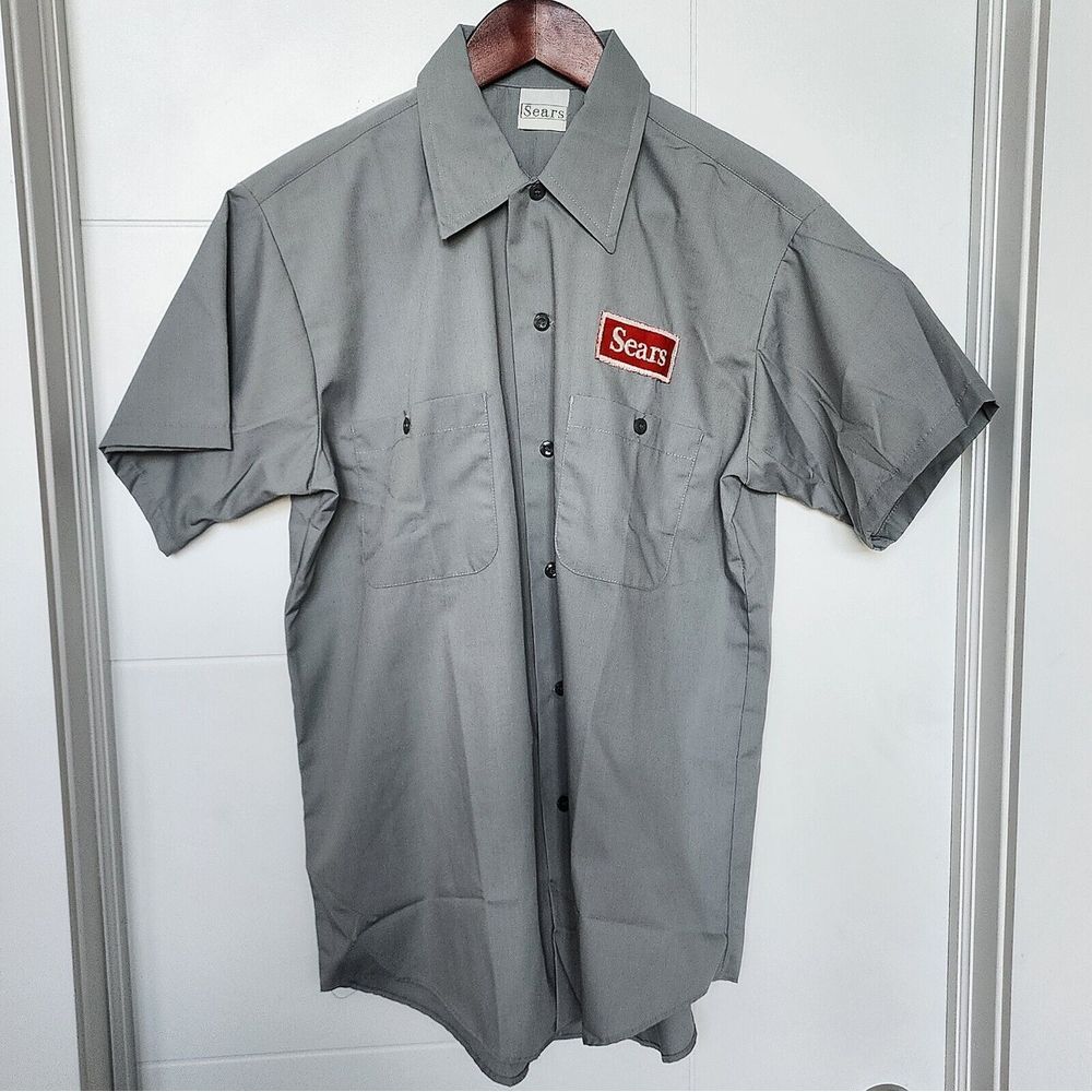 Sears 1970s Vintage Perma Press Short Sleeve Gray Button-Up Work Shirt  Medium M